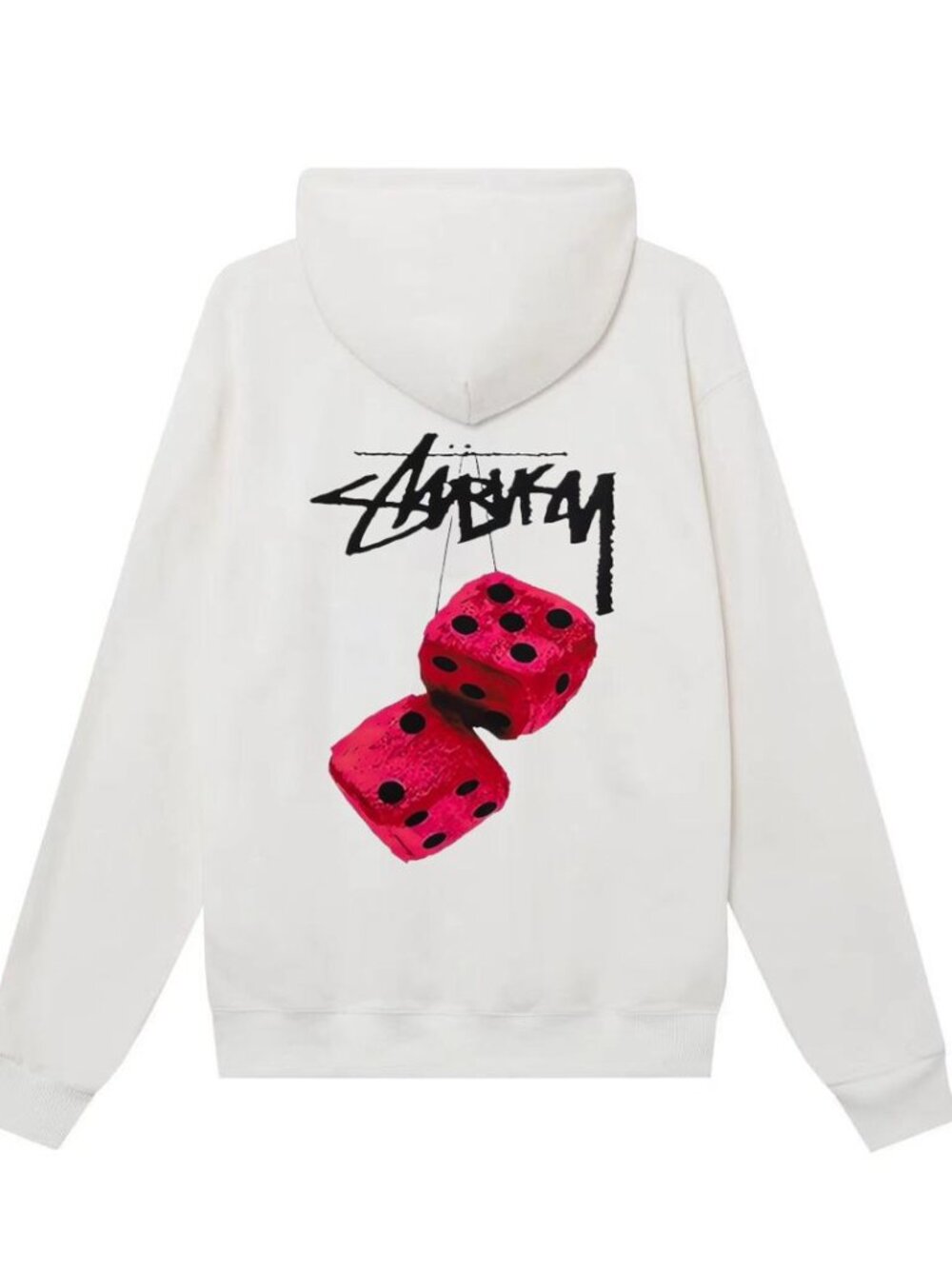 Stussy White Fuzzy Dice Graphic Pullover Hoodie Red Dice Back Print